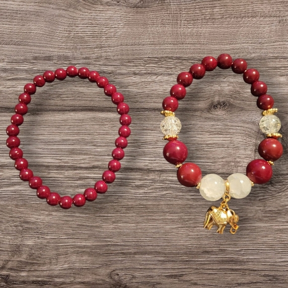Jewelry - 🩷3 for $15: Set of 2 Stretchy Bead Bracelets, Red & Gold, Elephant Charm, NWOT